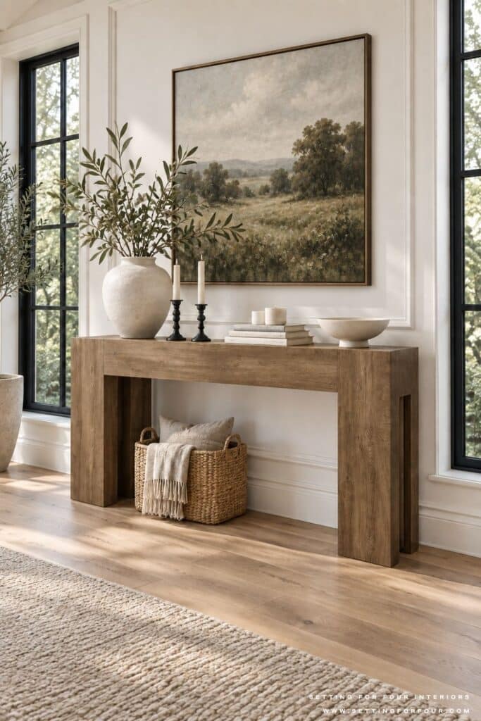 Wood console table styled with oversized landscape art, olive branches, black candlesticks, stacked books, a decorative bowl and woven storage basket.