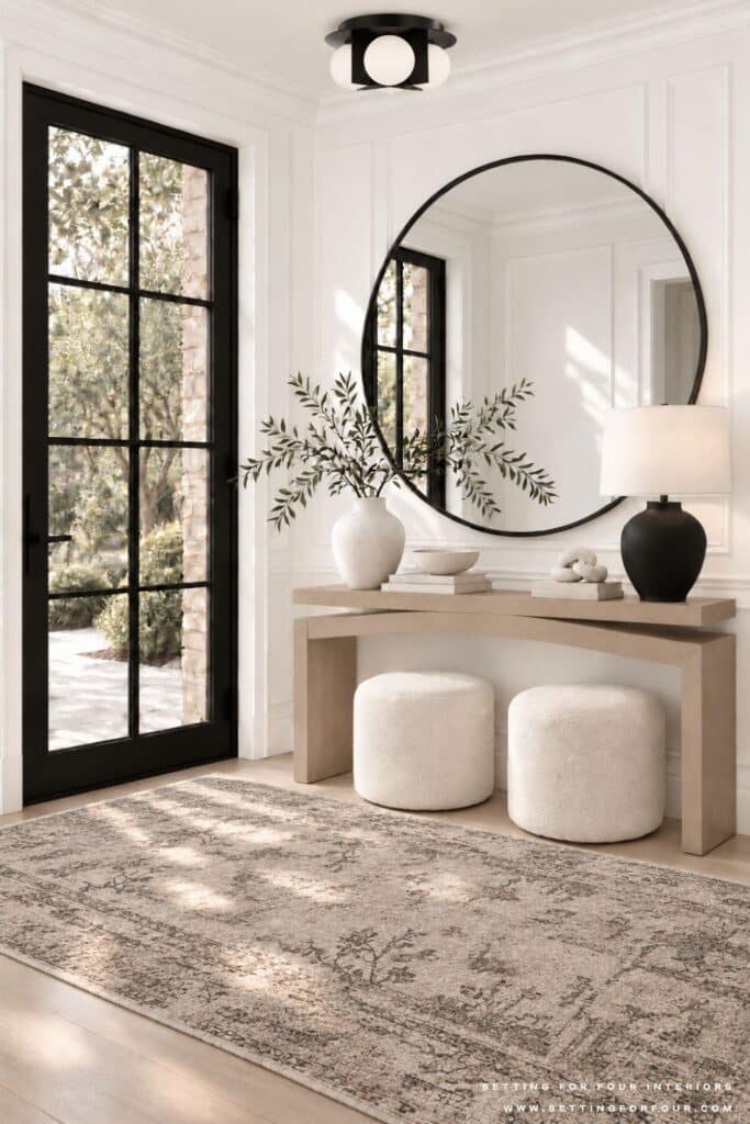 White oak entryway console table styled with a round black mirror, black lamp, olive branches, books, decorative bowl and two cream ottomans.