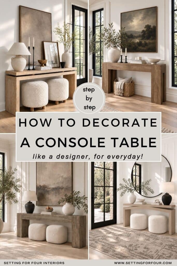 Pinterest collage reading โHow to Decorate a Console Table Like a Designerโ with four everyday console table decor ideas featuring artwork, mirrors, lamps, greenery, baskets and ottomans.