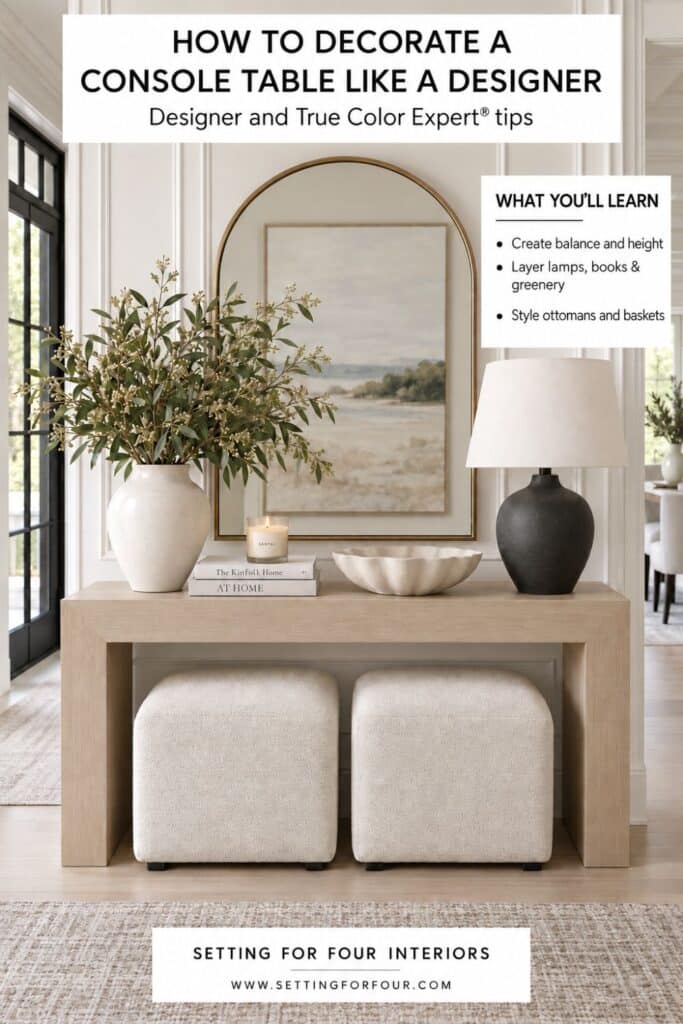 Pinterest graphic showing a styled white oak console table with an arched mirror, greenery, lamp, books, bowl and two cream ottomans, plus designer console table decorating tips.
