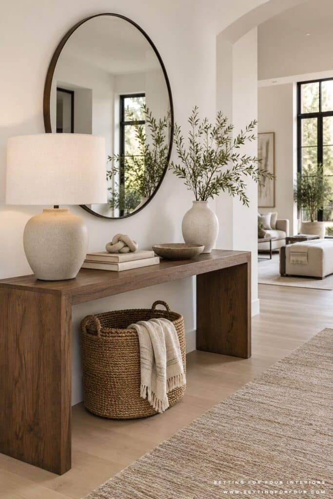 Wood entryway console table styled with a round black mirror, white lamp, olive branches, books, decorative bowl, marble links and a basket underneath the console table. Entryway looks onto an organic modern living room.