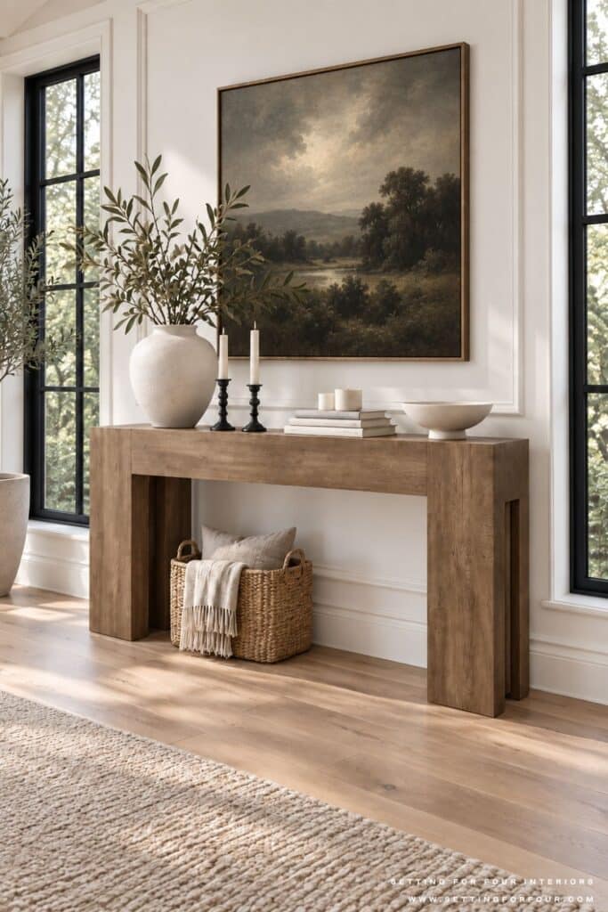 Wood console table styled with oversized landscape art, olive branches, candlesticks, stacked books, a decorative bowl and woven basket.