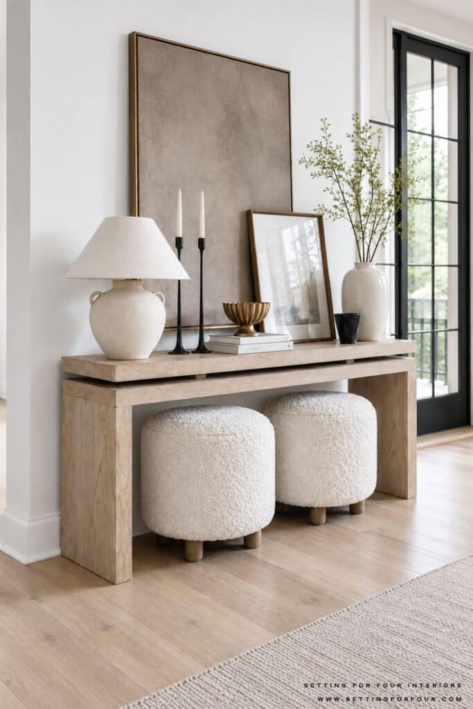 White oak console table styled with layered artwork, a cream lamp, black candlesticks, books, greenery, decorative accents and two cream ottomans.