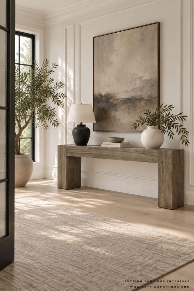 Organic modern wood console table styled with oversized abstract art, a black lamp, stacked books, a decorative bowl and greenery.