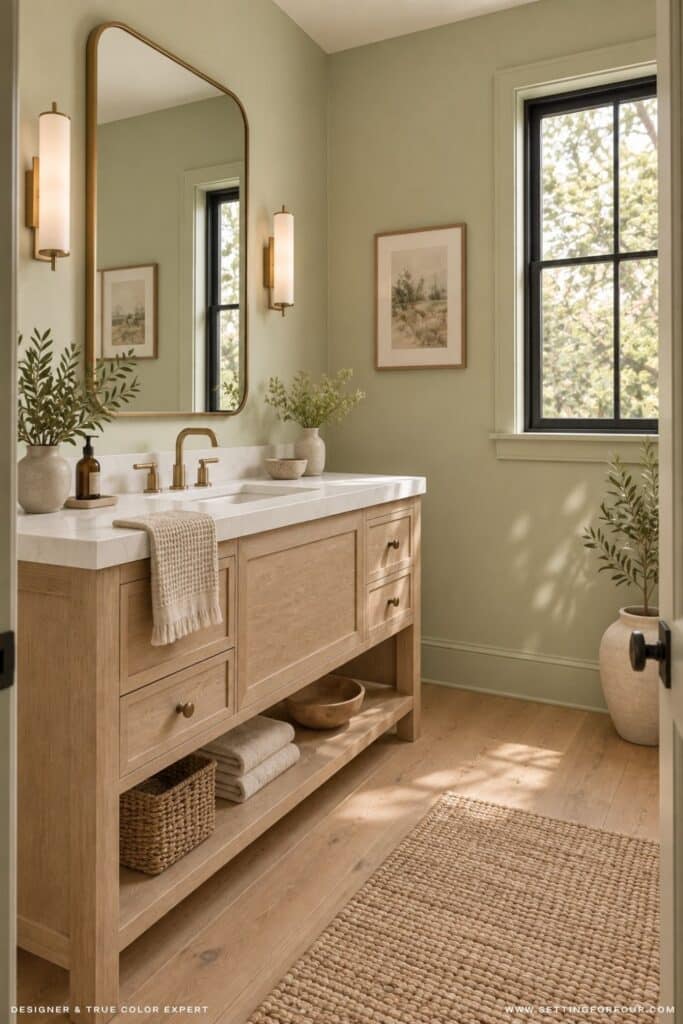 Organic modern bathroom with Sherwin Williams Celery SW 6421 light green walls, a white oak vanity, white quartz countertop, brass fixtures, light wood floors and a black-trimmed window.
