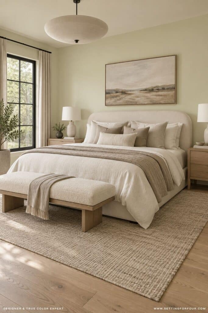 Organic modern bedroom with Sherwin Williams Celery SW 6421 light green walls, an ivory upholstered bed, neutral bedding, light wood nightstands, white oak floors and black-trimmed windows.