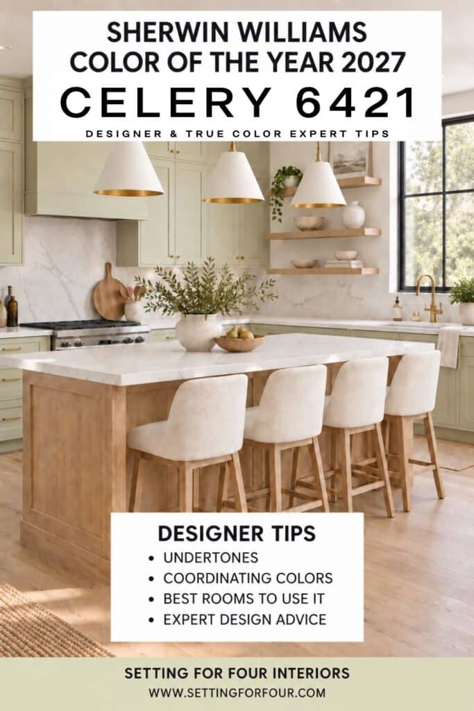 Sherwin Williams Color of the Year 2027 Celery SW 6421 kitchen with soft green cabinets, white range hood, white quartz countertops, white oak island and floors, ivory counter stools and Designer and True Color Expert tips.