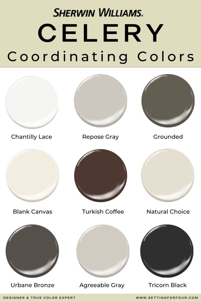 Coordinating paint colors for Sherwin Williams Celery SW 6421, including Chantilly Lace, Repose Gray, Grounded, Blank Canvas, Turkish Coffee, Natural Choice, Urbane Bronze, Agreeable Gray and Tricorn Black.
