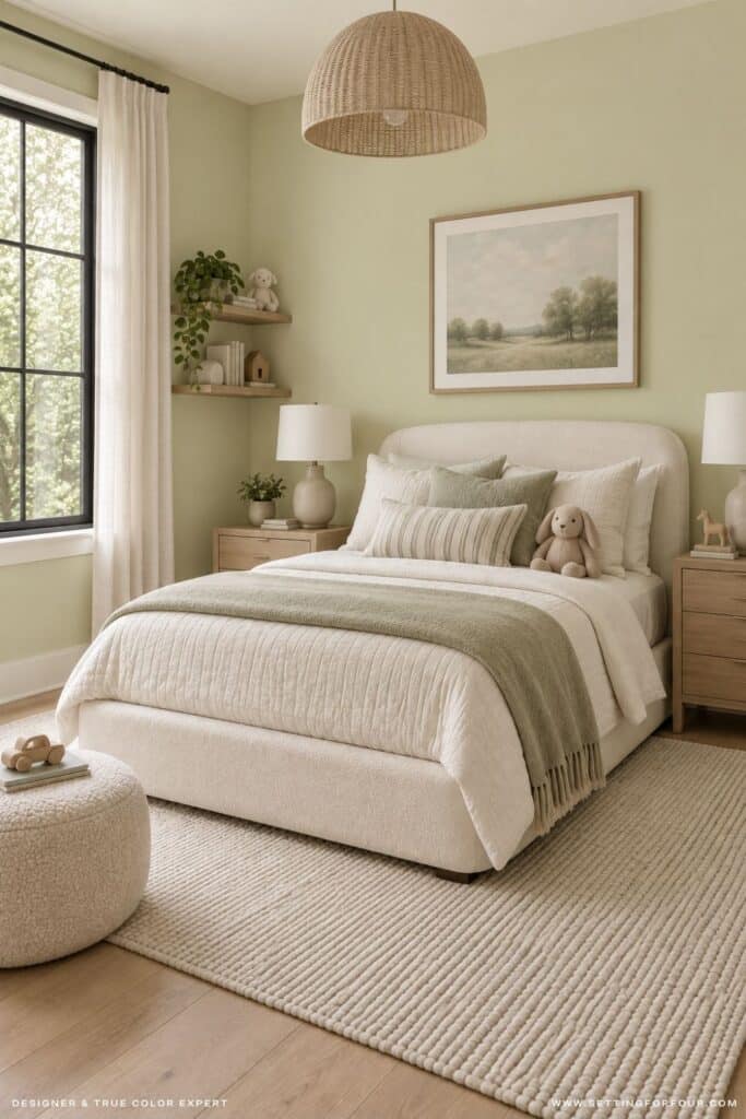 Organic modern girls’ bedroom with Sherwin Williams Celery SW 6421 light green walls, an ivory upholstered bed, neutral bedding, light wood nightstands, woven pendant light and black-trimmed window.