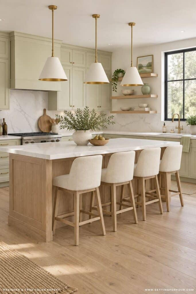 Organic modern kitchen featuring Sherwin Williams Celery SW 6421 cabinets, a white range hood, white quartz slab backsplash, white oak island and floors, ivory counter stools, brass pendant lights and a black-trimmed window.