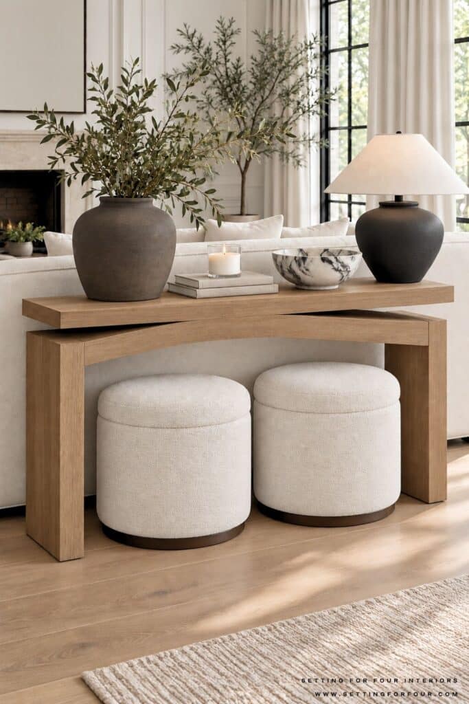 White oak sofa console table behind a cream sofa, styled with a lamp, olive branches, books, candle, marble bowl and two cream ottomans.