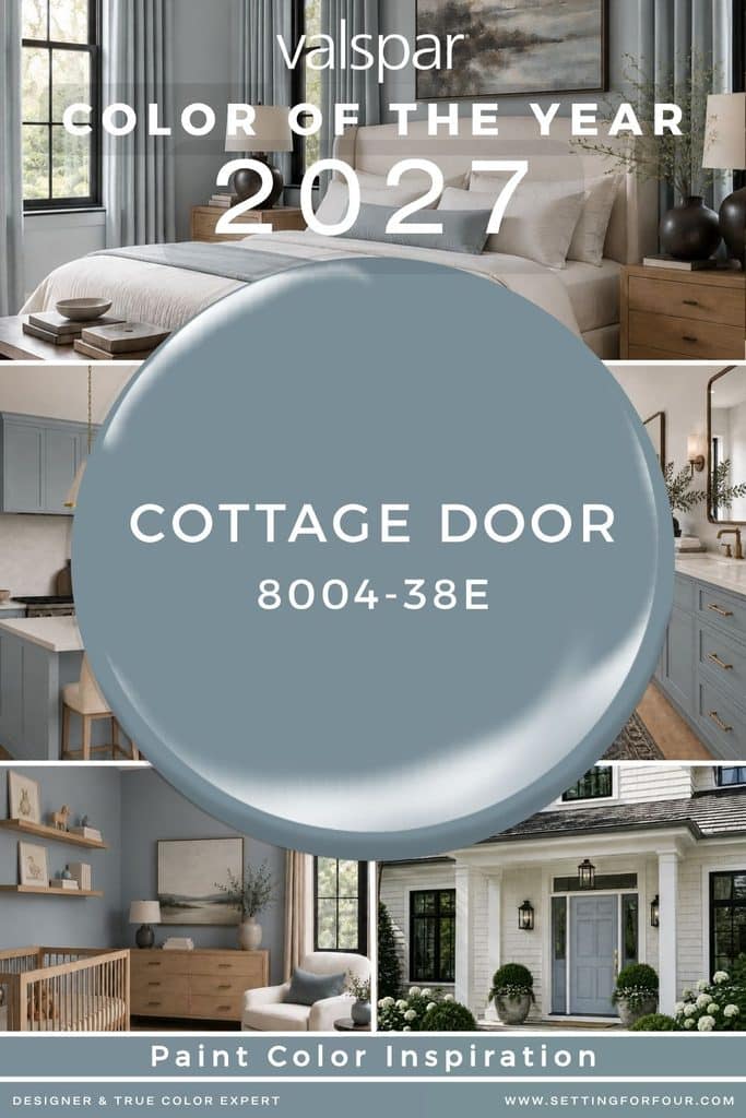 Valspar Color of the Year 2027 graphic featuring Cottage Door 8004-38E, a muted blue-gray paint color, with bedroom, kitchen, bathroom, nursery and exterior front-door inspiration.