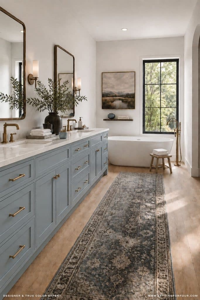 Luxury organic modern bathroom featuring a Valspar Cottage Door blue-gray double vanity, white quartz countertops, aged-brass fixtures, black-trimmed window, white freestanding tub, light wood floors and a moody vintage runner rug.