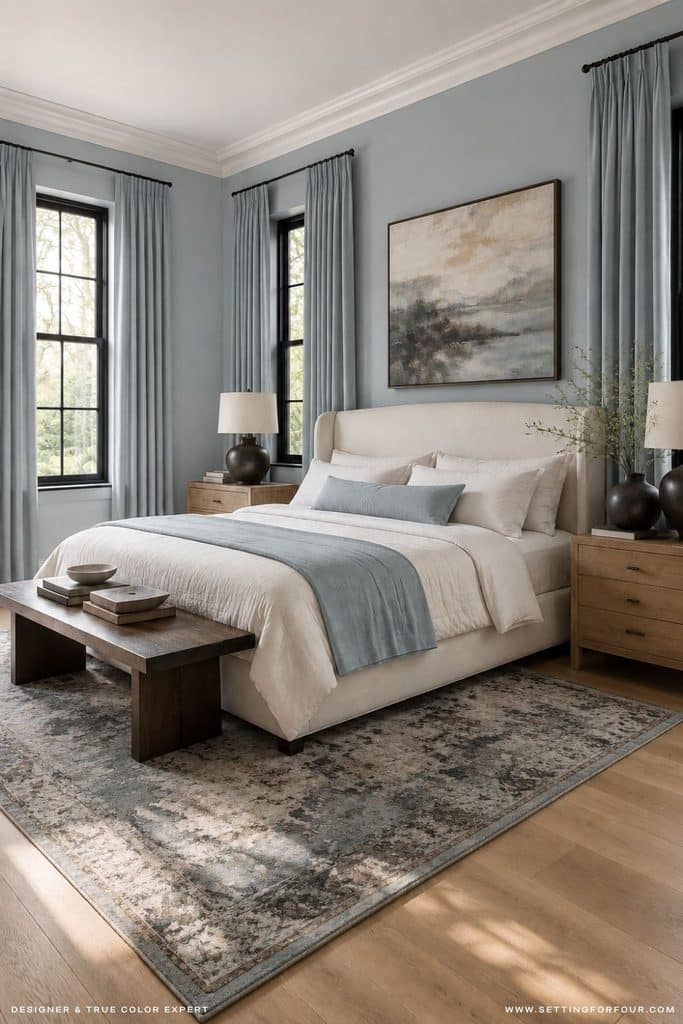Organic modern primary bedroom featuring Valspar Cottage Door blue-gray walls and drapes, an ivory upholstered bed, white oak nightstands, black-trimmed windows, neutral bedding and an area rug.
