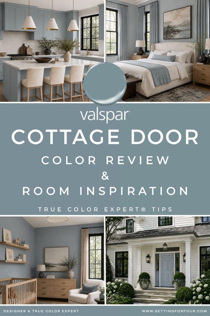 Valspar Cottage Door blue-gray paint color review graphic featuring coordinating kitchen cabinets and island, primary bedroom, nursery and white home exterior with a Cottage Door front door.