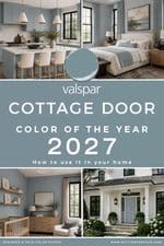 Valspar Color of the Year 2027 graphic featuring Cottage Door 8004-38E, a muted blue-gray paint color, with bedroom, kitchen, bathroom, nursery and exterior front-door inspiration.