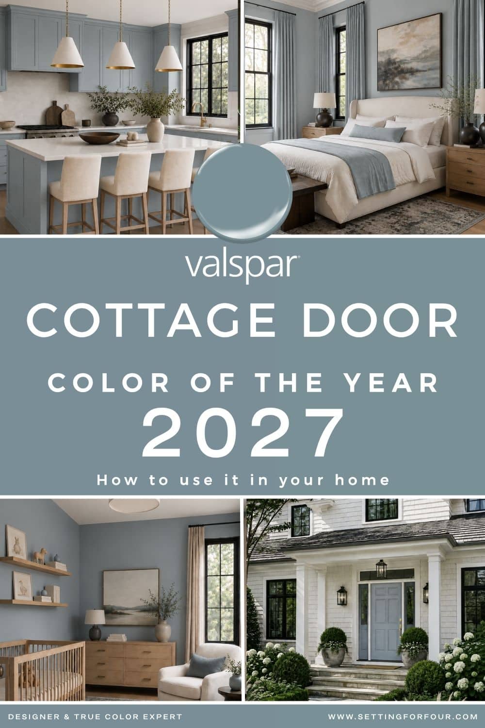 Valspar Color of the Year 2027 graphic featuring Cottage Door 8004-38E, a muted blue-gray paint color, with bedroom, kitchen, bathroom, nursery and exterior front-door inspiration.