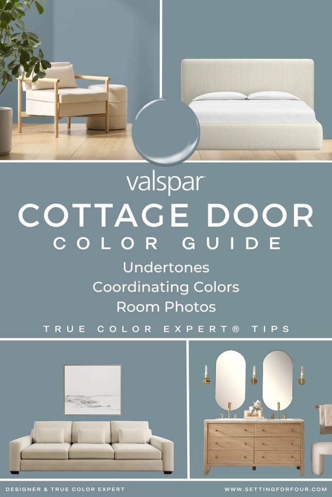 Valspar Cottage Door paint color guide featuring a muted blue-gray paint swatch and room inspiration for a bedroom, living room and bathroom, with information about undertones, coordinating colors and True Color Expert tips.