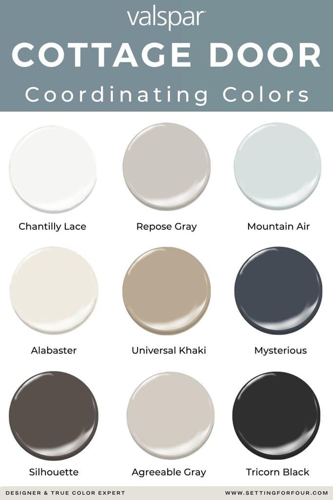Valspar Cottage Door coordinating-colors palette featuring paint swatches for Sherwin Williams and Benjamin Moore colors like Chantilly Lace, Repose Gray, Mountain Air, Alabaster, Universal Khaki, Mysterious, Silhouette, Agreeable Gray and Tricorn Black.