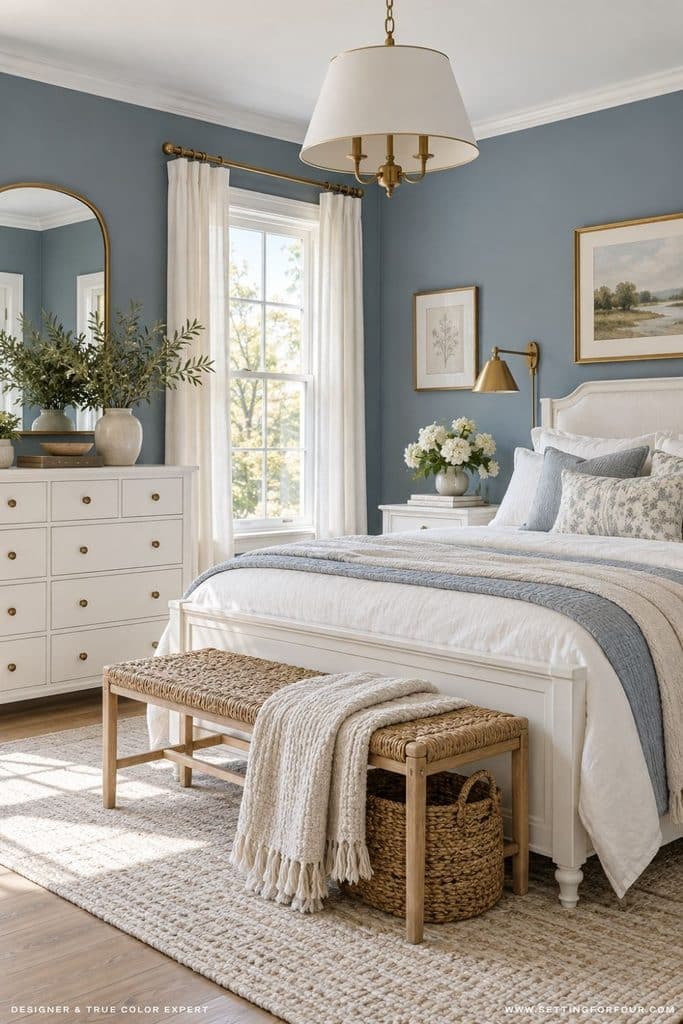 Coastal cottage bedroom with Valspar Cottage Door blue-gray walls, white furniture, ivory bedding, brass accents and natural woven textures.