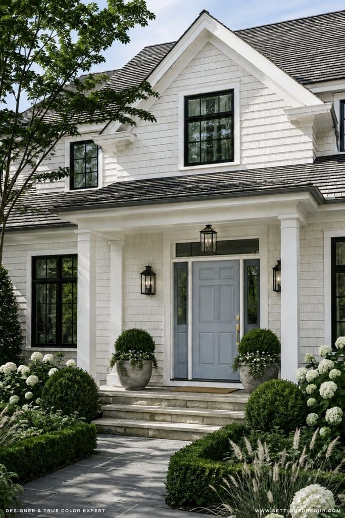 Classic white Hamptons-style home exterior featuring a Valspar Cottage Door blue-gray front door, brass hardware, black-trimmed windows, black lantern lights, stone steps and lush green hydrangea landscaping.