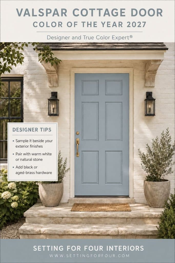 Valspar Cottage Door blue-gray front door on a warm white brick cottage exterior with black lanterns, aged-brass hardware, natural stone steps, potted greenery and designer tips for coordinating exterior finishes.