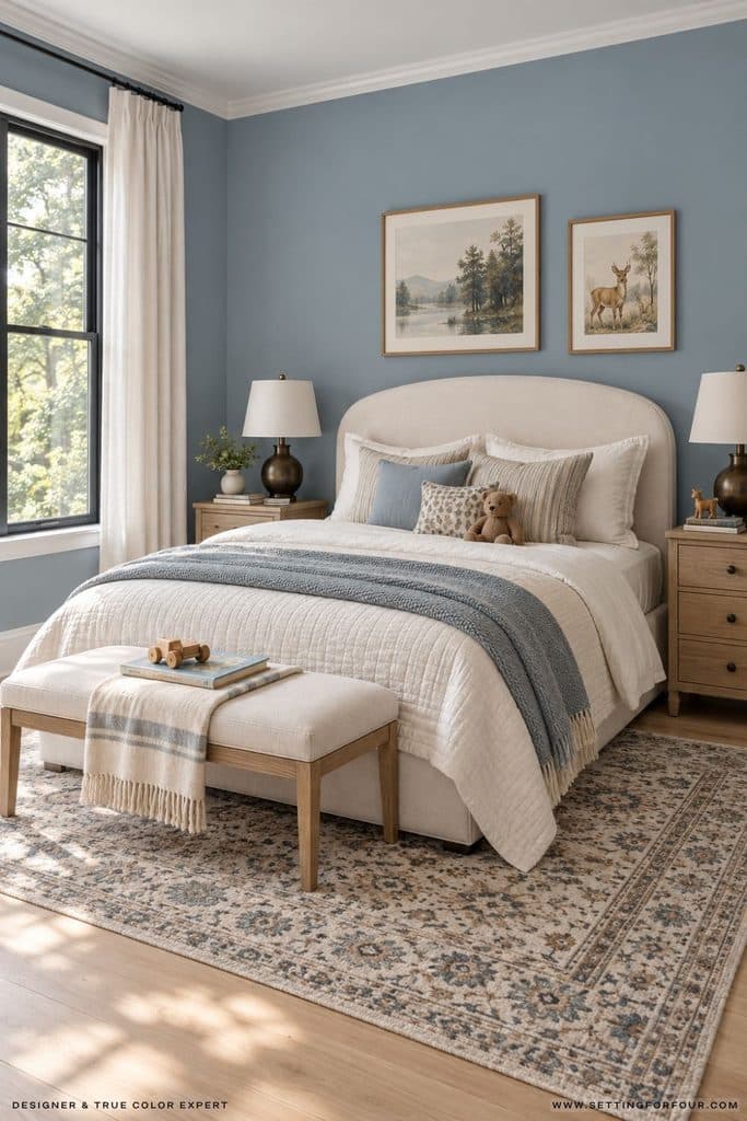 Organic modern kids bedroom featuring Valspar Cottage Door blue-gray walls, an ivory upholstered bed, white oak nightstands, neutral layered bedding, woodland artwork, a vintage-style rug and black-trimmed windows.