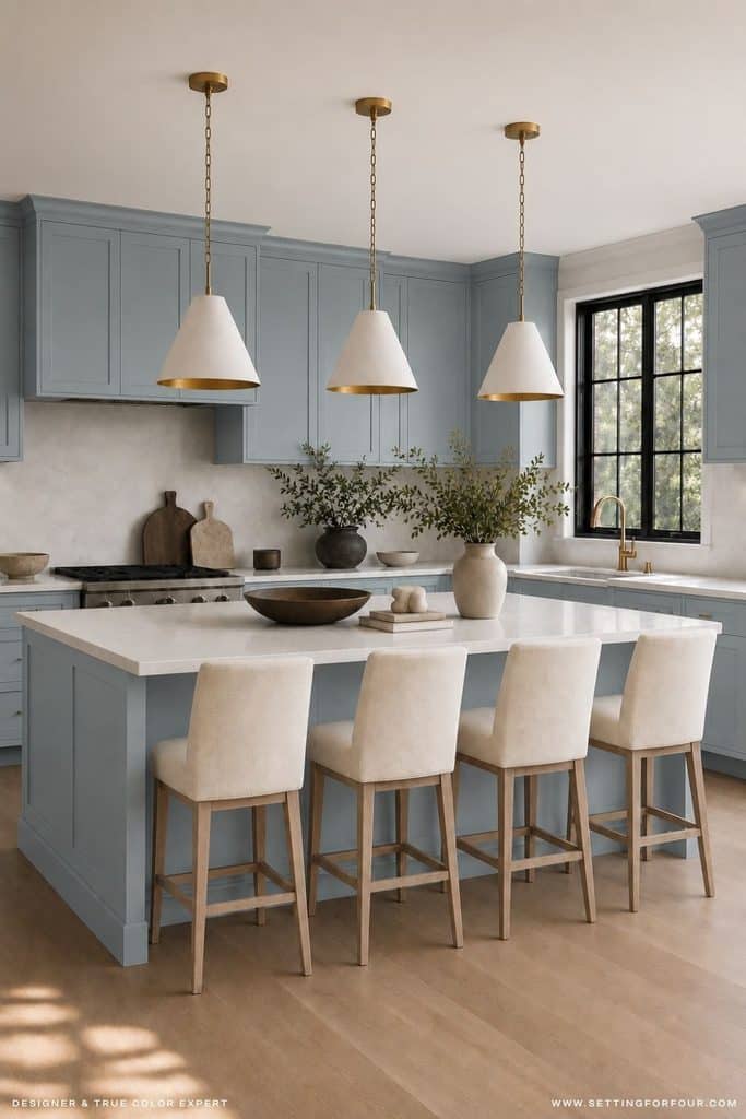 Organic modern kitchen featuring Valspar Cottage Door blue-gray cabinets and island, white quartz countertops, brass-and-white pendant lights, ivory upholstered counter stools, a black-trimmed window and white oak floors.
