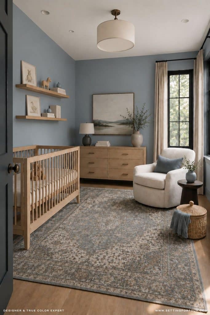 Organic modern nursery with Valspar Cottage Door blue-gray walls, a light wood crib and dresser, ivory swivel glider, black-trimmed windows, floating shelves, teddy bear and a vintage patterned area rug.