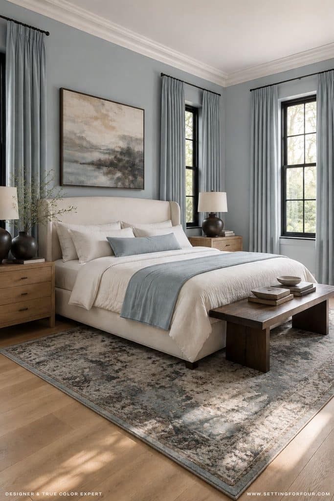 Luxury organic modern primary bedroom featuring Valspar Cottage Door blue-gray walls and drapes, an ivory upholstered bed, white bedding, coordinating blue accents, light wood nightstands, black-trimmed windows and a vintage patterned rug.