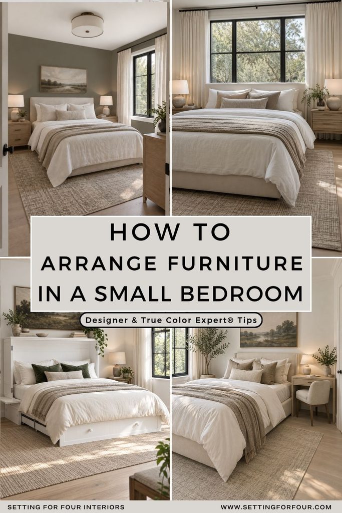 Four small bedroom layouts showing bedside nightstands, a bed beneath a window, a storage bed and a bedside desk, with text “How to Arrange Furniture in a Small Bedroom.”