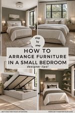 Learn how to arrange furniture in a small bedroom with a step-by-step guide to a cohesive, functional space. Explore small bedroom layout ideas, bed placement, lift-up storage beds, narrow nightstands, where to put the TV in a bedroom and floating shelves. Get expert design and decorating tips from a Designer and True Color Expert® at Setting For Four Interiors, Virtual Interior Design. Save these space-saving bedroom ideas for your next makeover!