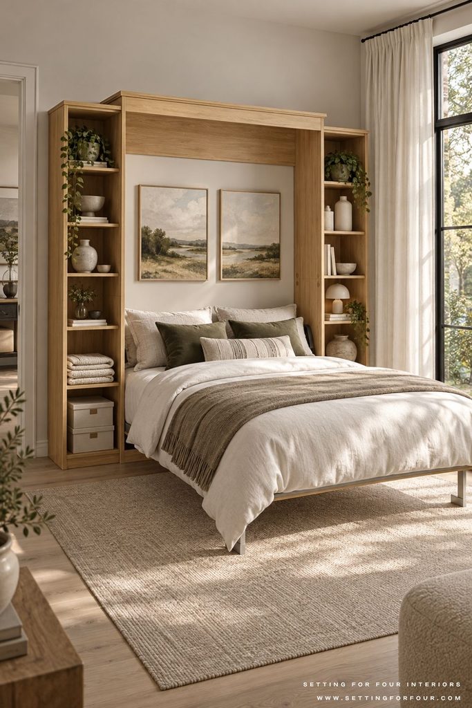 Open oak Murphy bed with shelving on both sides, ivory bedding and dark green pillows in a small bedroom with a black-trimmed window and ivory curtains.