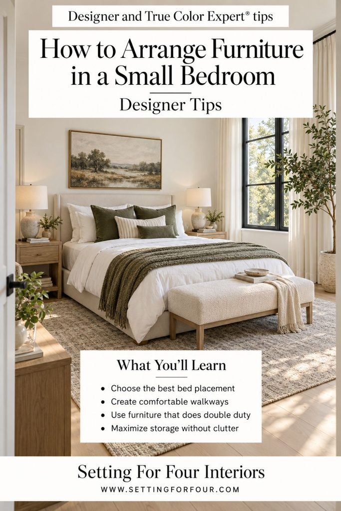 Pinterest graphic titled “How to Arrange Furniture in a Small Bedroom: Designer Tips,” showing a neutral bedroom and tips on bed placement, walkways, multipurpose furniture, and storage.
