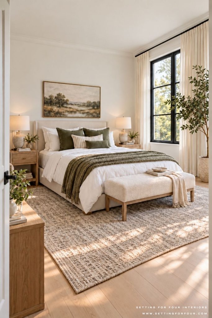 Small bedroom with an ivory upholstered bed, matching wood nightstands, a bench at the foot, olive-green bedding accents, and a black-trimmed window with ivory curtains.