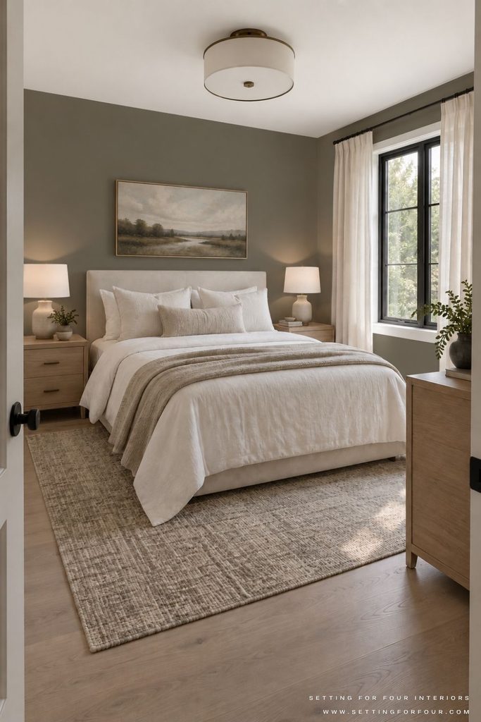 Small bedroom with an ivory upholstered bed between two wood nightstands, Behr Grounded walls, white bedding, and a dresser beside a black-trimmed window.