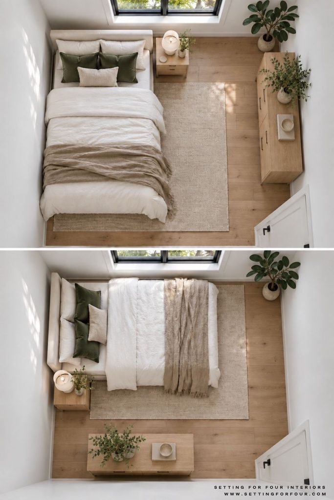 Two overhead views of a small bedroom comparing corner bed placement along adjacent walls, with a wood nightstand, dresser, neutral rug, and dark green pillows.