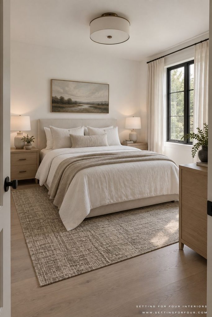 Small bedroom with white walls, an ivory upholstered bed between two wood nightstands, and a dresser beside a black-trimmed window with ivory curtains. Tips on how to arrange furniture in a small bedroom.