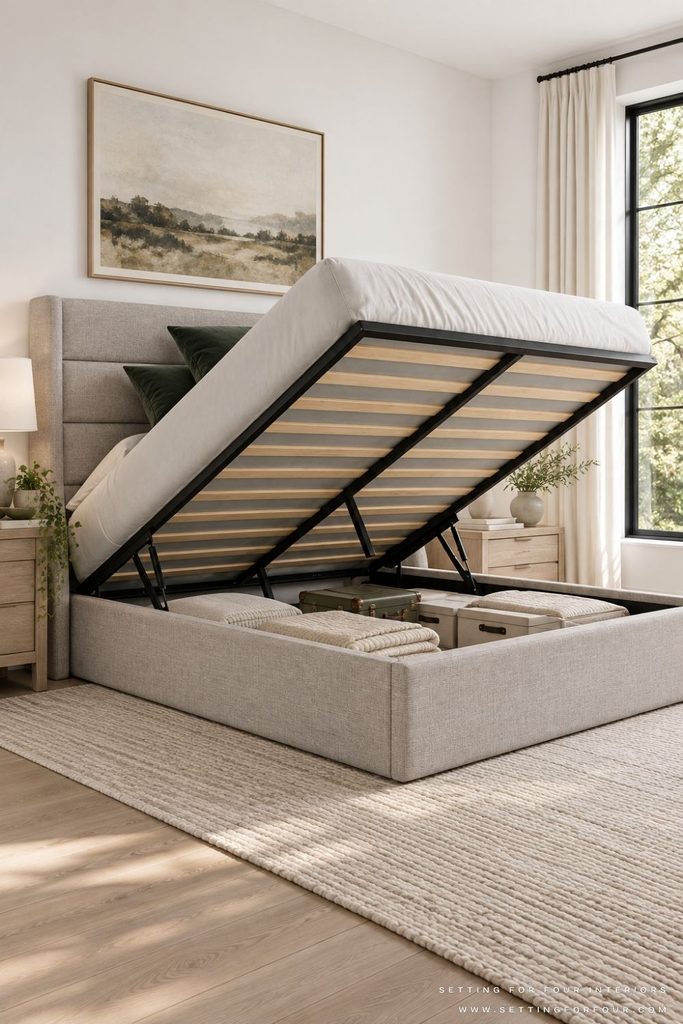 Small bedroom with an upholstered lift-up storage bed open to reveal folded blankets and storage boxes, wood nightstands, white walls, and a black-trimmed window. Tips on how to arrange furniture in a small bedroom.