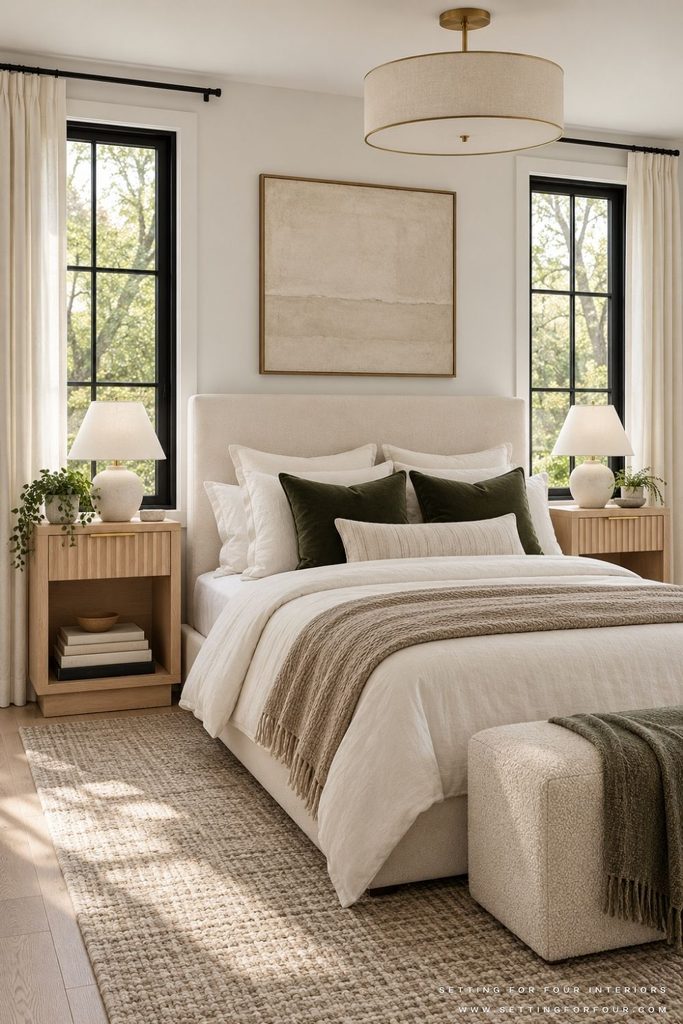 Small bedroom with an ivory upholstered bed between two black-trimmed windows, matching wood nightstands, dark green pillows and a bench at the foot.