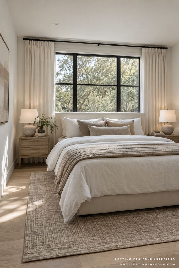 Small bedroom with an ivory upholstered bed in front of a black-trimmed window, ivory curtains, two wood nightstands with lamps, and neutral bedding. Tips on how to arrange furniture in a small bedroom.