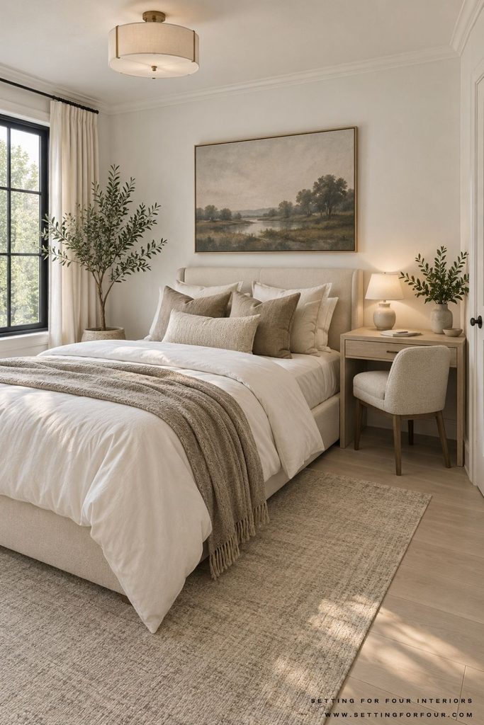 Small neutral bedroom with a compact wood desk serving as a nightstand beside an ivory upholstered bed, a tucked-in chair, table lamp, and black-trimmed window.