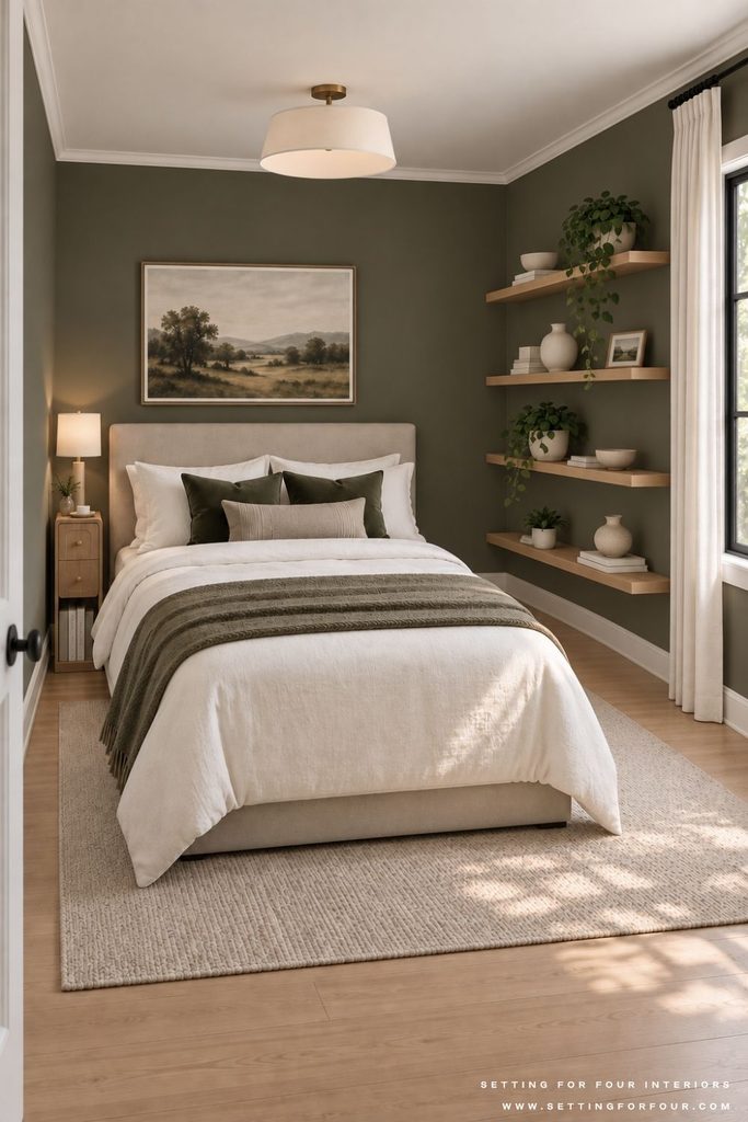 Small bedroom with an ivory upholstered bed, narrow wood nightstand, and four floating wood shelves on olive-gray walls beside a black-trimmed window.