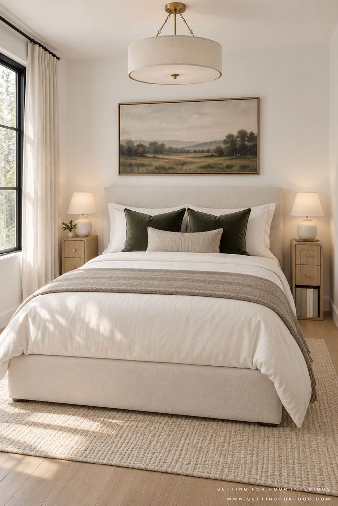 Small bedroom with an ivory upholstered bed flanked by two narrow wood nightstands with table lamps, dark green pillows, white walls, and a black-trimmed window.
