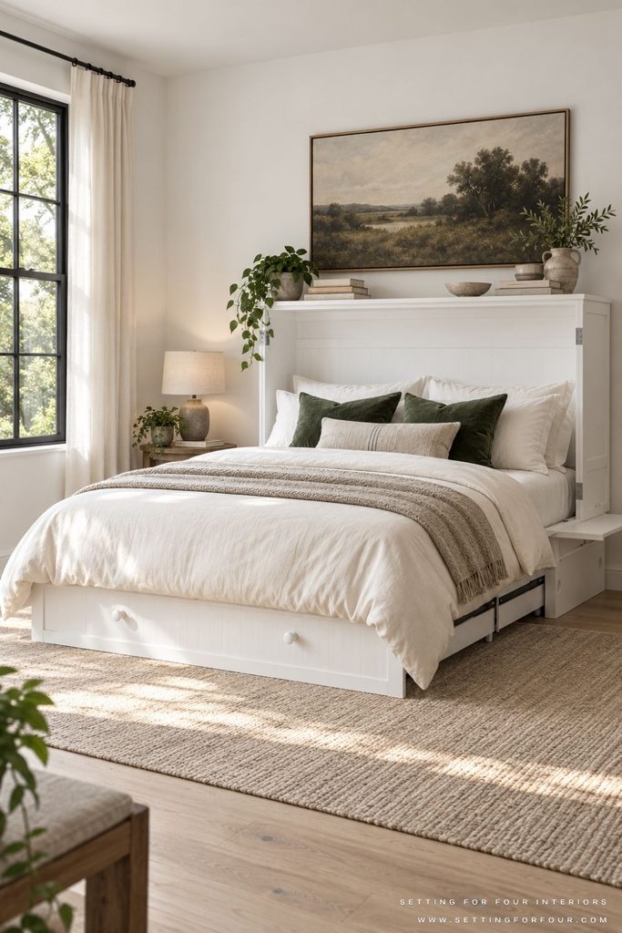 White Murphy cabinet bed unfolded in a small bedroom with dark green pillows, white bedding, landscape artwork, and a black-trimmed window with ivory curtains.