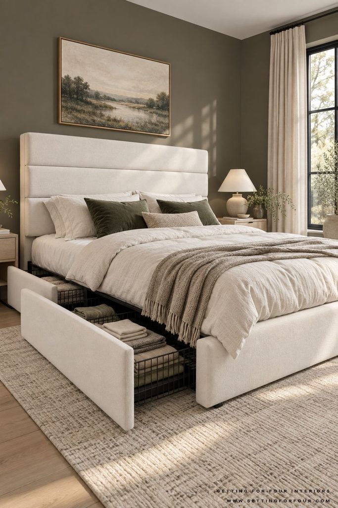 Ivory upholstered storage bed with two open side drawers holding folded linens, dark green pillows, olive-gray walls, and a black-trimmed bedroom window.
