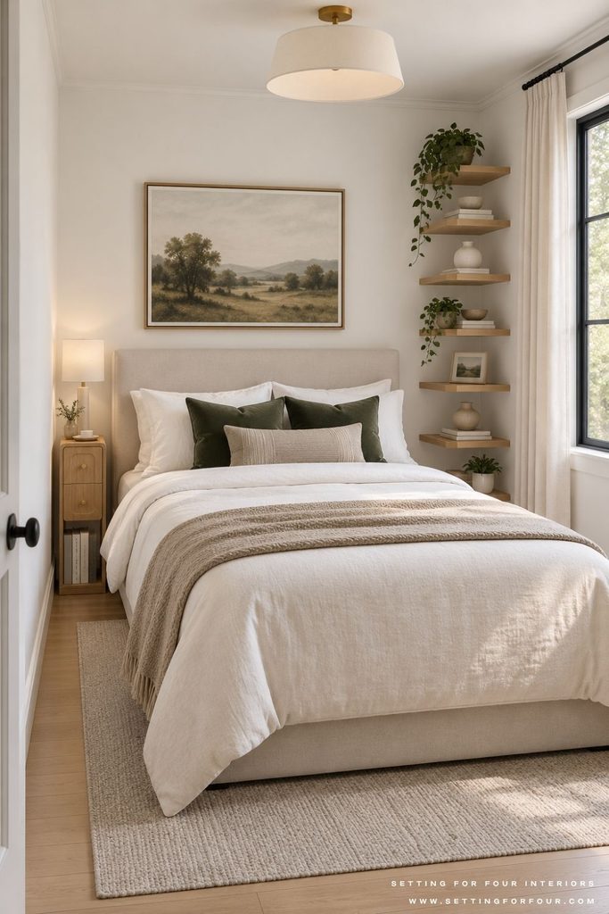 Small white bedroom with an ivory upholstered bed, dark green pillows, a narrow wood nightstand, and vertically stacked floating shelves beside a black-trimmed window.